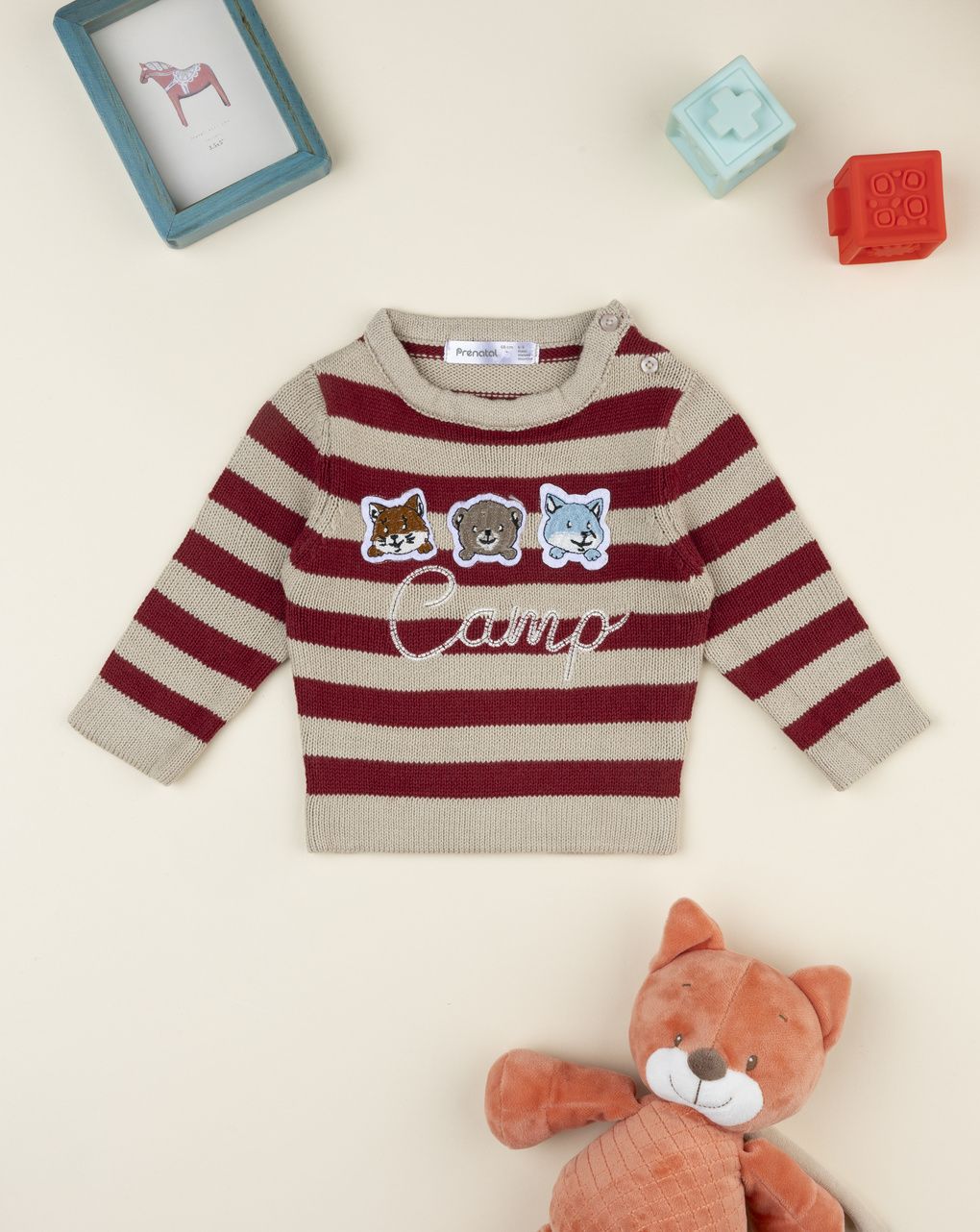 βρεφικό πουλόβερ ριγέ μπορντώ/μπεζ woods για αγόρι
