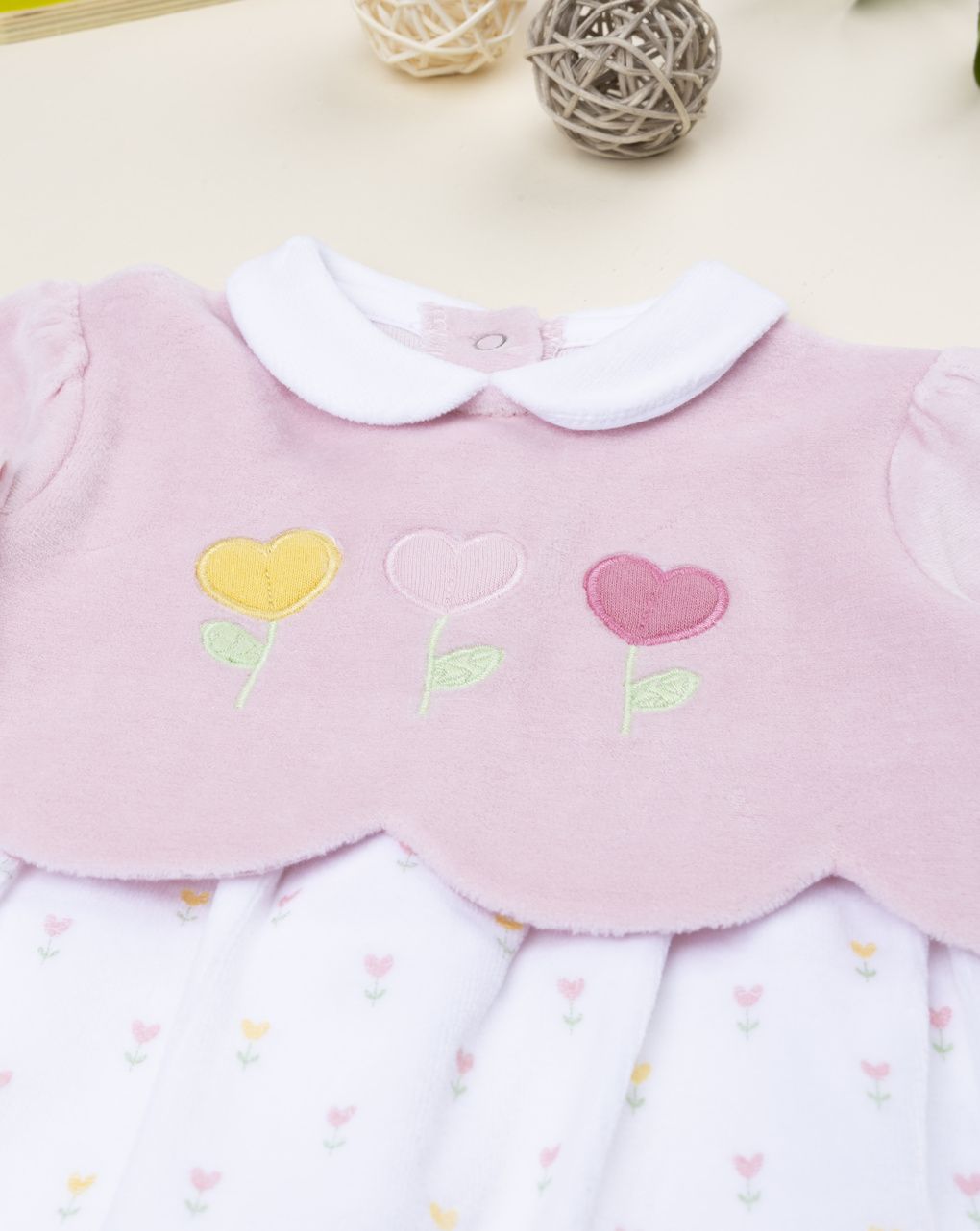 βρεφικό φορμάκι σενίλ ροζ/λευκό φλοράλ για κορίτσι - Prénatal