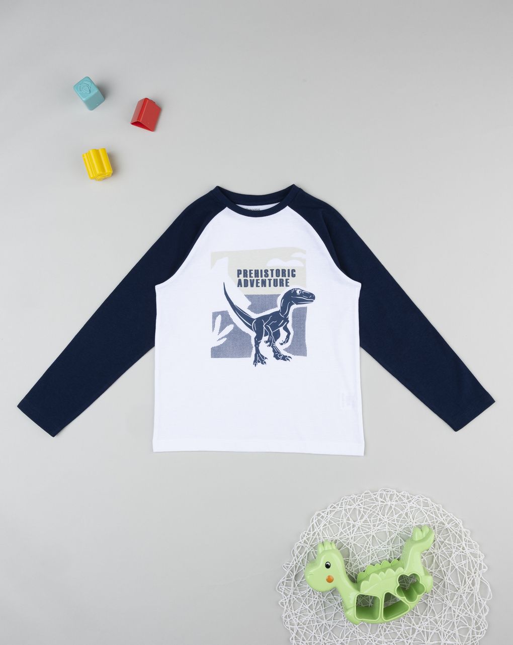 παιδική μπλούζα λευκή/μπλε με δεινόσαυρο για αγόρι