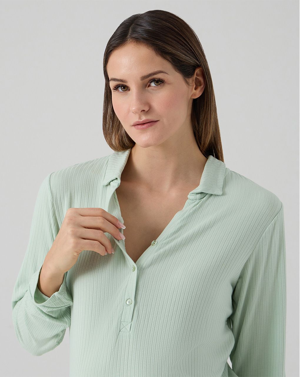 γυναικεία πιτζάμα εγκυμοσύνης/θηλασμού πράσινη ριμπ - Prénatal