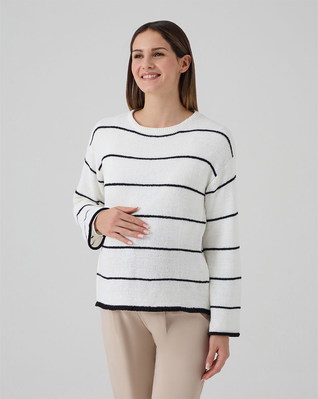 γυναικεία πλεκτή μπλούζα εγκυμοσύνης/θηλασμού λευκή ριγέ - Prénatal