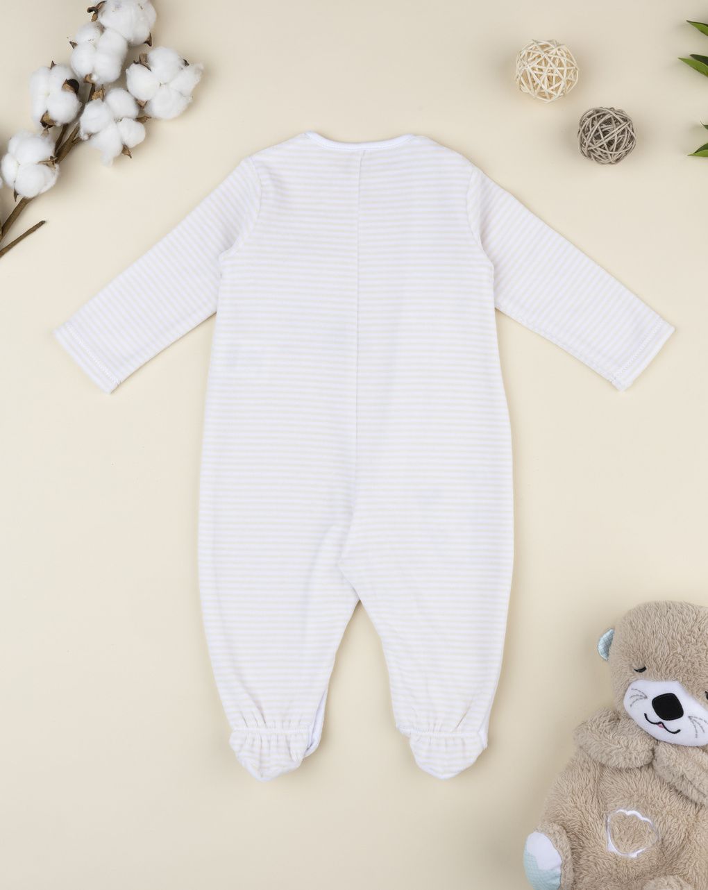 βρεφικό φορμάκι λευκό ριγέ σενίλ με αρκουδάκι για αγόρι - Prénatal