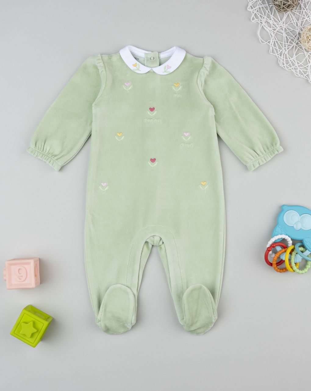 βρεφικό φορμάκι σενίλ πράσινο φλοράλ για κορίτσι