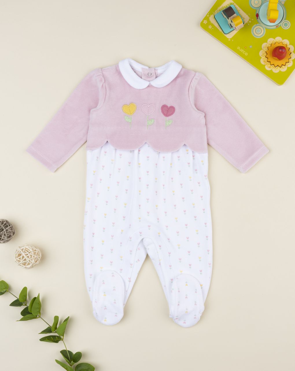 βρεφικό φορμάκι σενίλ ροζ/λευκό φλοράλ για κορίτσι