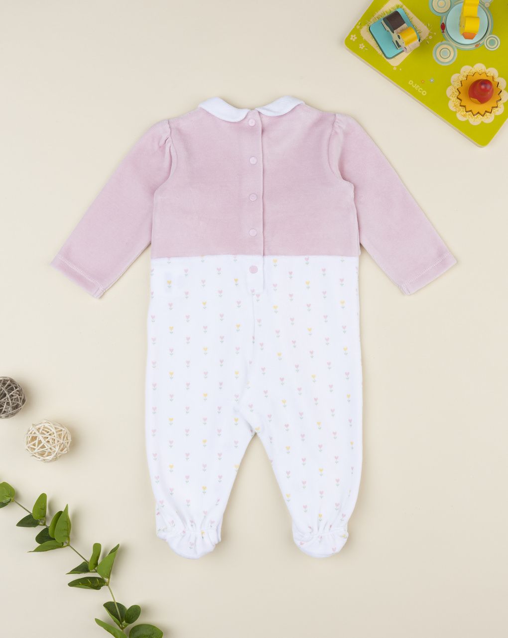 βρεφικό φορμάκι σενίλ ροζ/λευκό φλοράλ για κορίτσι - Prénatal