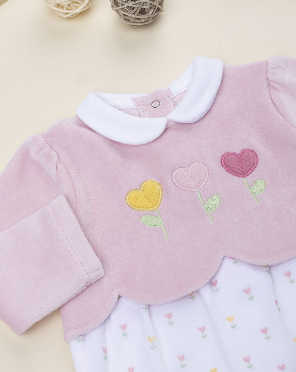 βρεφικό φορμάκι σενίλ ροζ/λευκό φλοράλ για κορίτσι - Prénatal