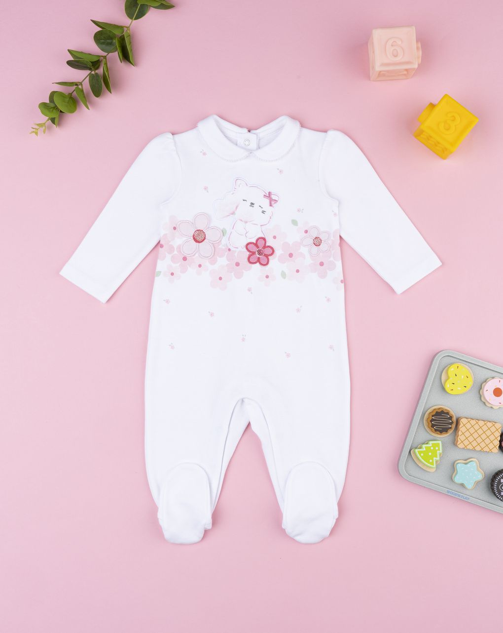 βρεφικό φορμάκι λευκό με γατάκι για κορίτσι