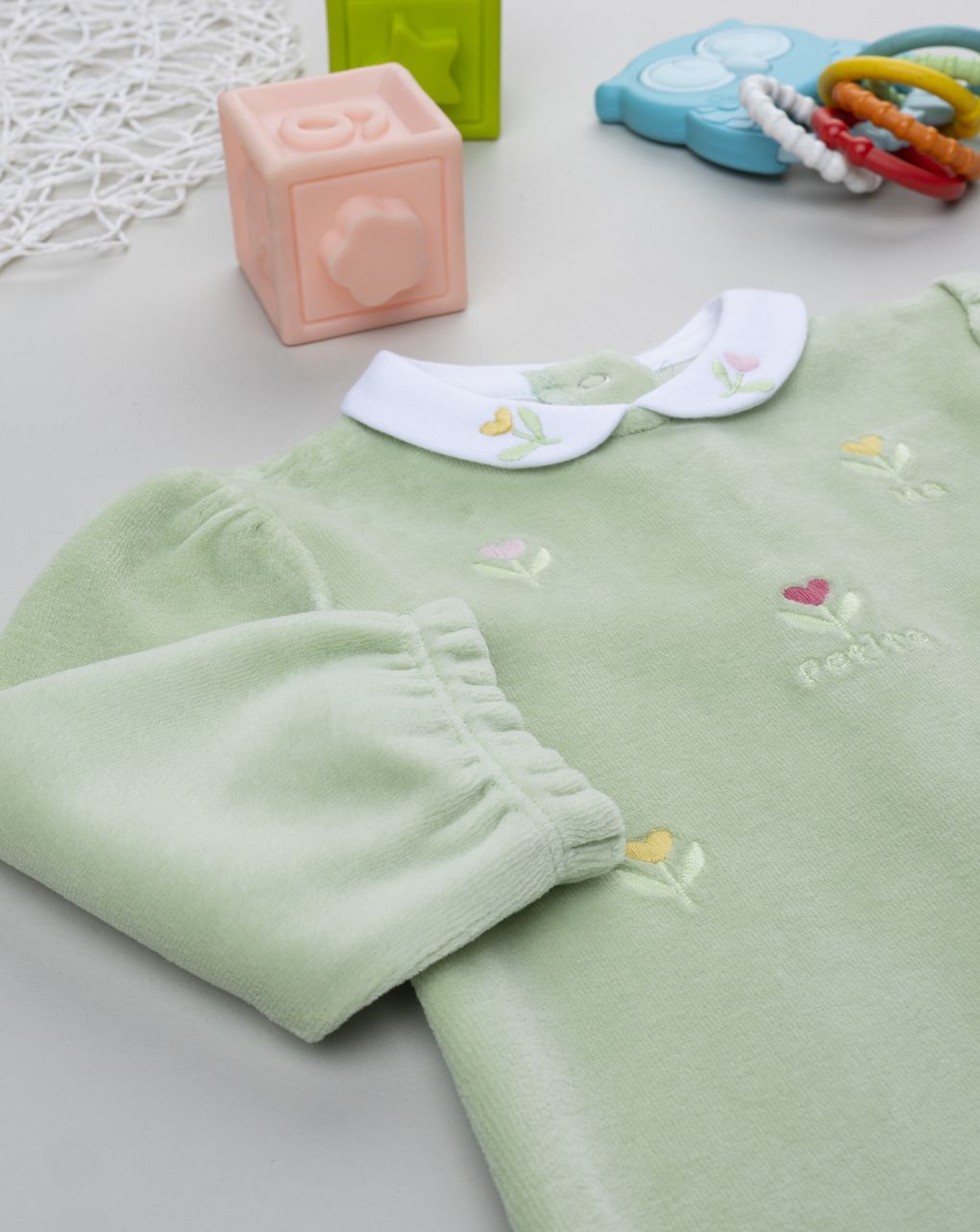 βρεφικό φορμάκι σενίλ πράσινο φλοράλ για κορίτσι - Prénatal