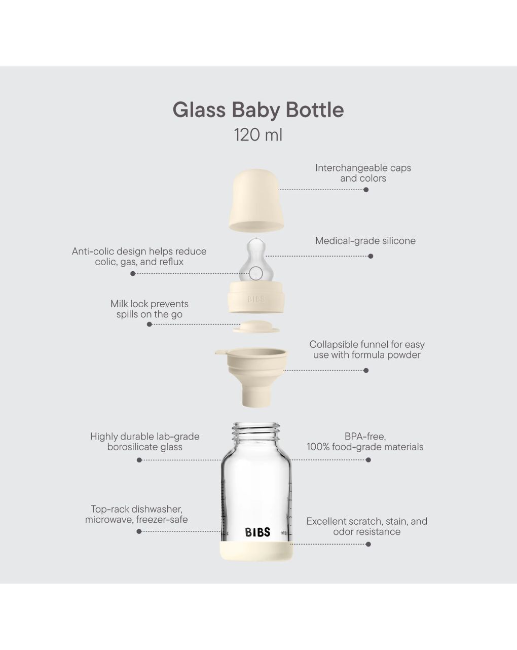 Bibs γυάλινο μπιμπερό σιλικόνης αργή ροή 120ml 0m+ ivory 50191216 - BIBS