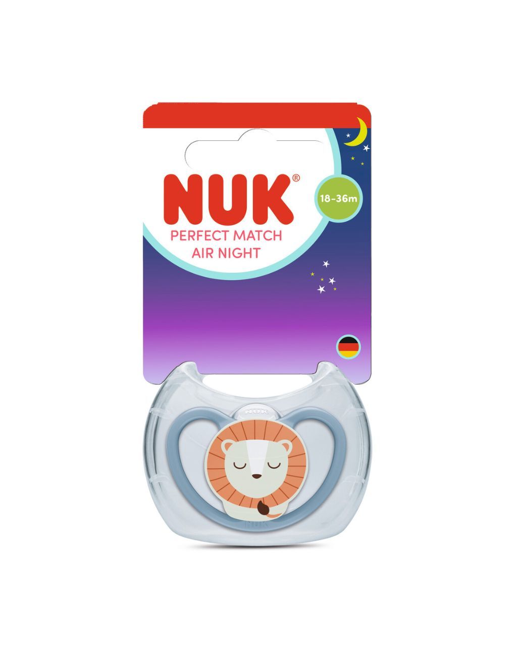 Nuk πιπίλα σιλικόνης perfect match air night με θήκη 18-36m blue lion - Nuk