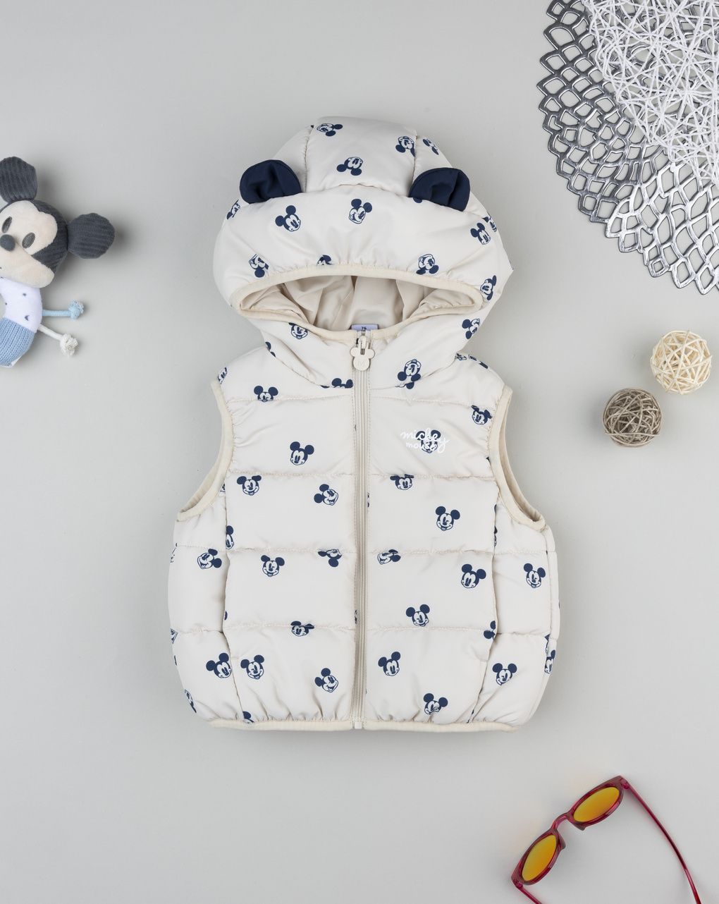 βρεφικό μπουφάν αμάνικο puffer μπεζ mickey για αγόρι - Prénatal