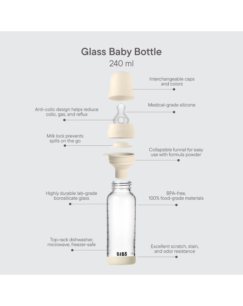 Bibs γυάλινο μπιμπερό σιλικόνης μέτρια ροή 240ml 0m+ baby blue 50201231 - BIBS