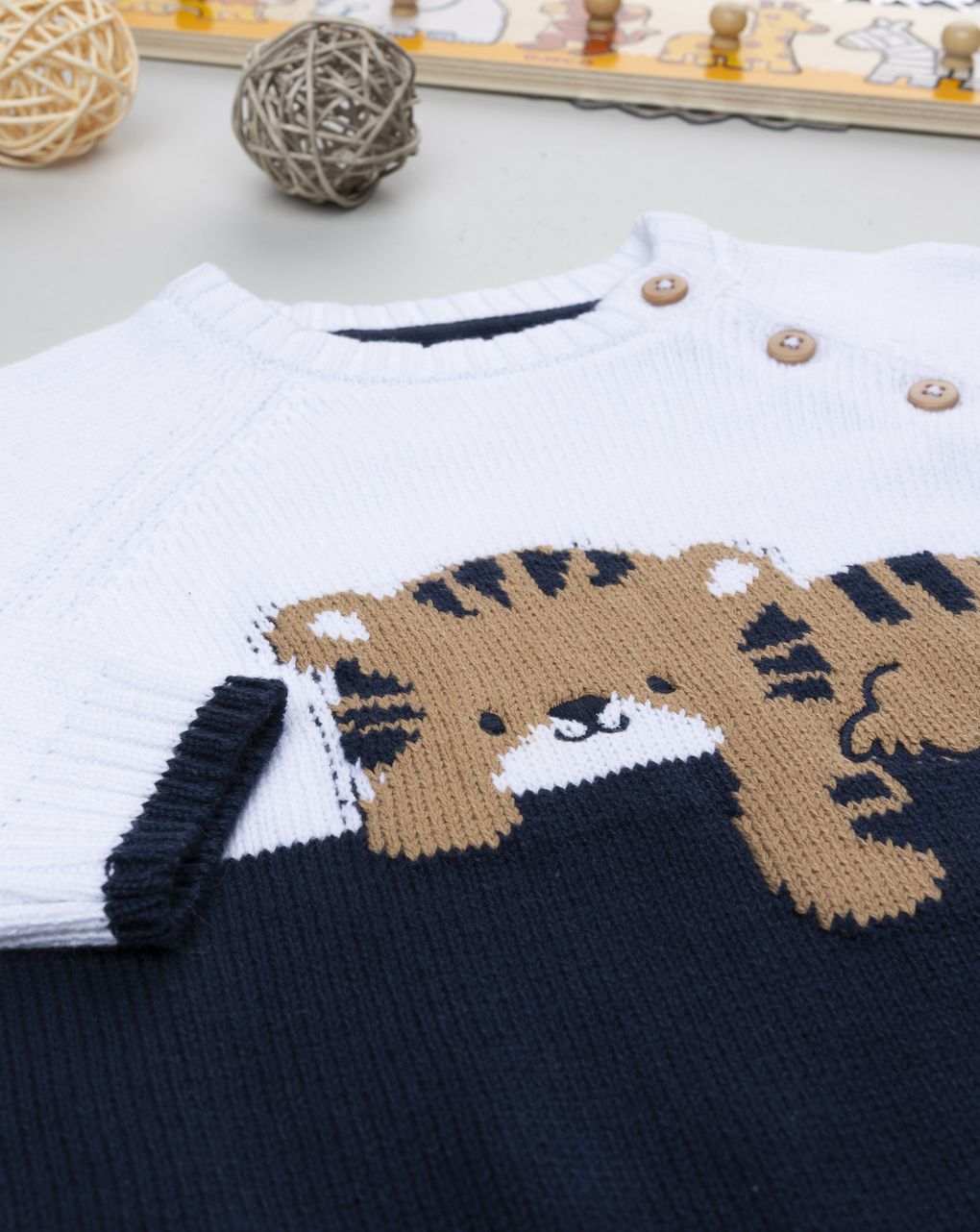 βρεφικό πουλόβερ λευκό/μπλε με τιγράκι για αγόρι - Prénatal