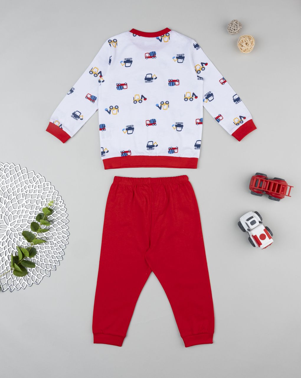 βρεφική πιτζάμα λευκή/κόκκινη με οχήματα για αγόρι - Prénatal