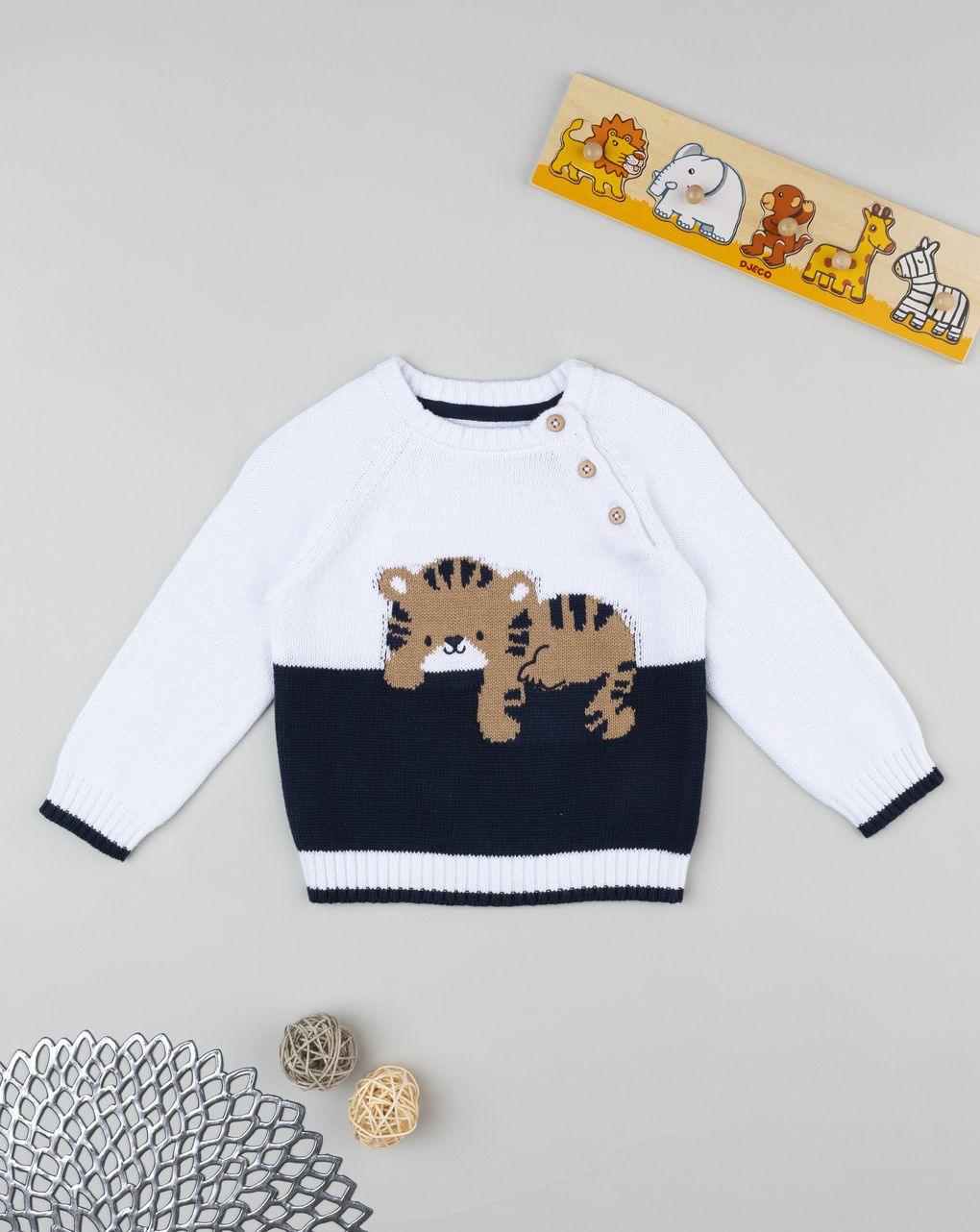 βρεφικό πουλόβερ λευκό/μπλε με τιγράκι για αγόρι
