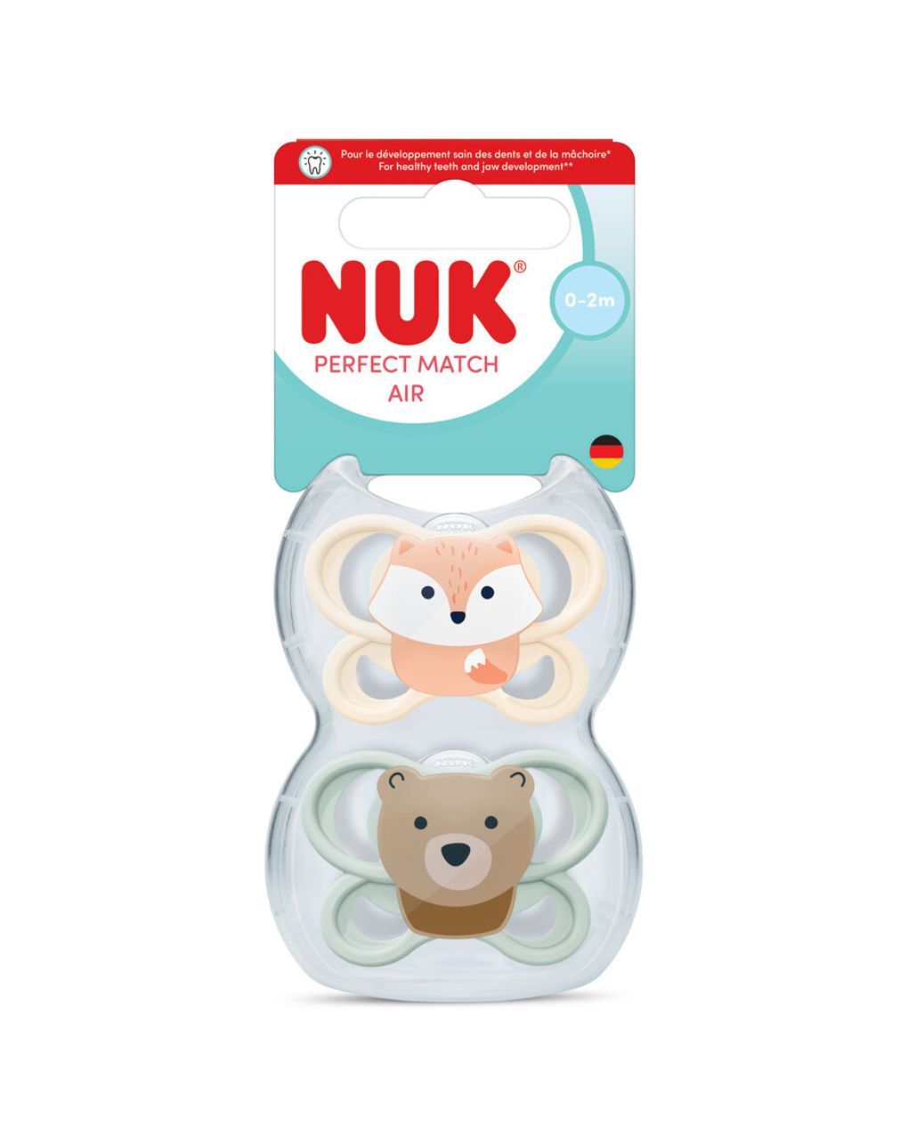 Nuk πιπίλες σιλικόνης 2τμχ perfect match air με θήκη 0-2m fox/bear - Nuk