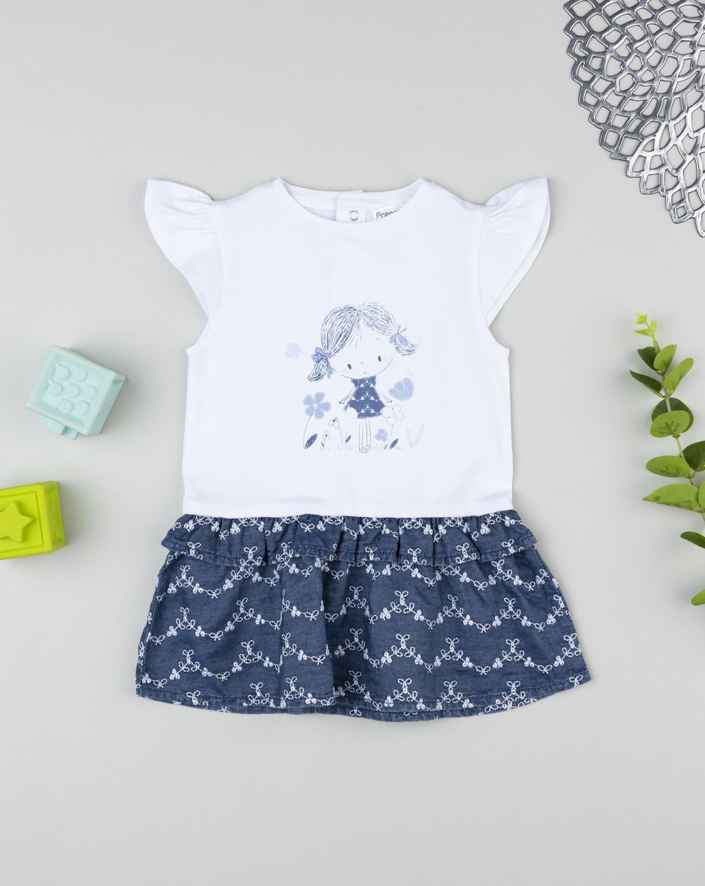 βρεφικό φόρεμα λευκό/τζιν με λουλούδια για κορίτσι