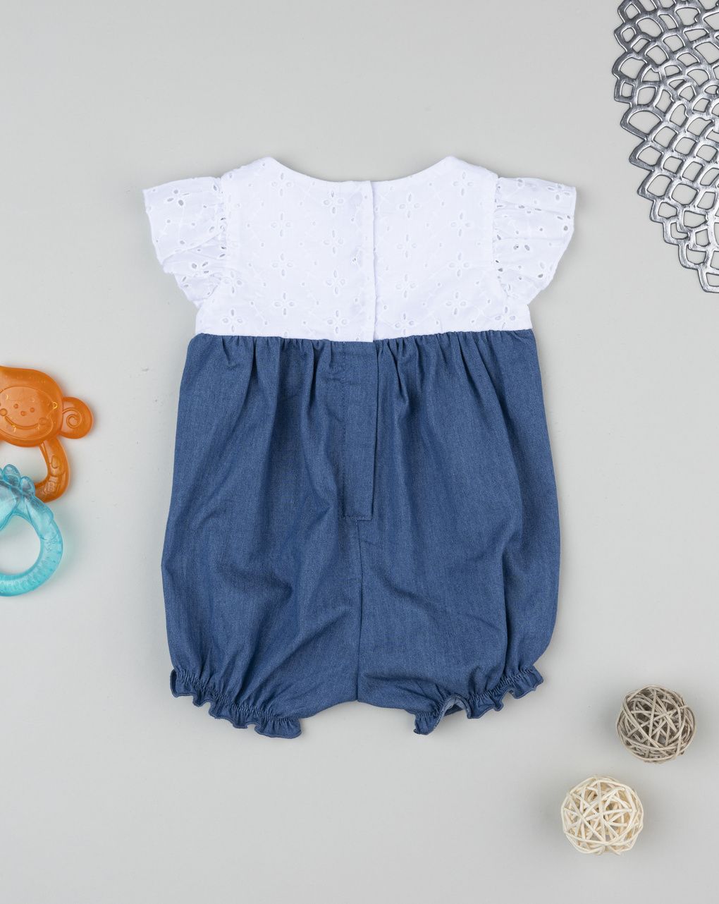 βρεφικό φορμάκι λευκό δαντέλα/τζιν για κορίτσι - Prénatal