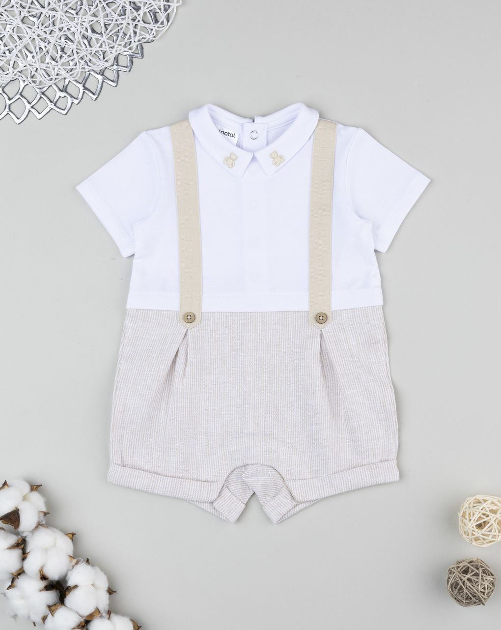 βρεφικό φορμάκι λευκό ριγέ teddy για αγόρι