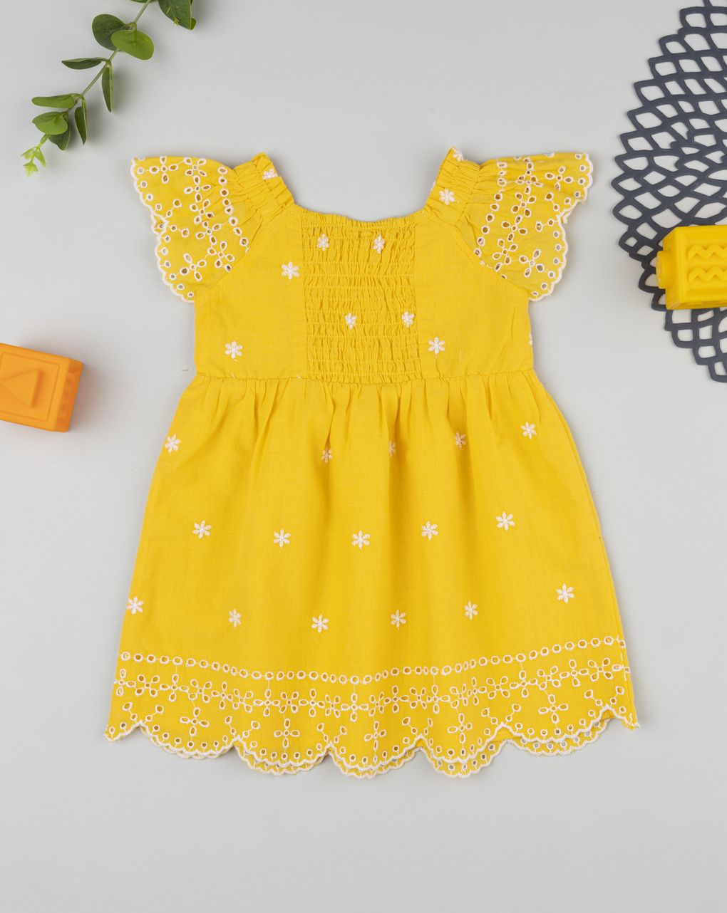 βρεφικό φόρεμα ποπλίνα κίτρινο με κεντήματα για κορίτσι - Prénatal
