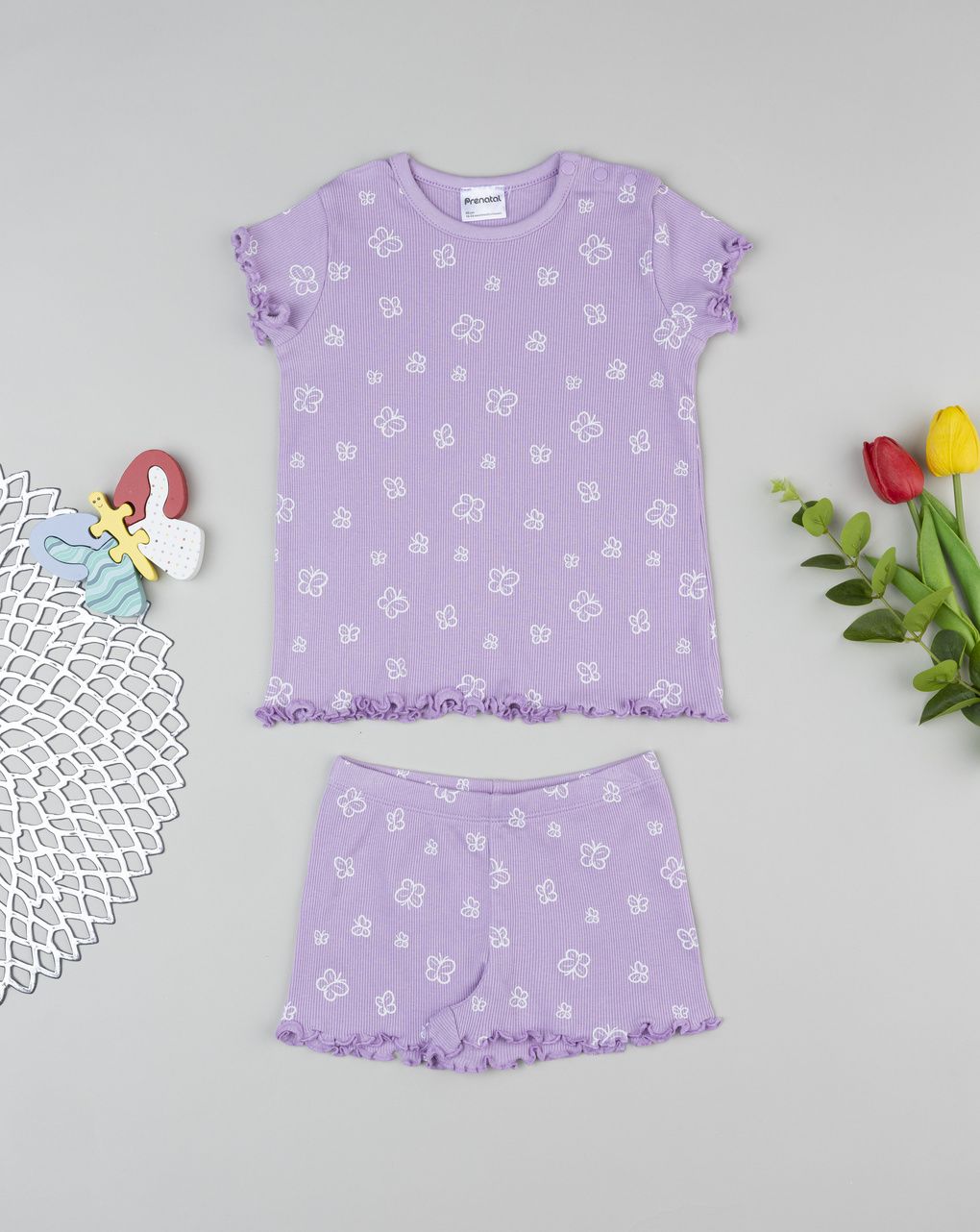 βρεφική πιτζάμα λιλά με πεταλούδες για κορίτσι