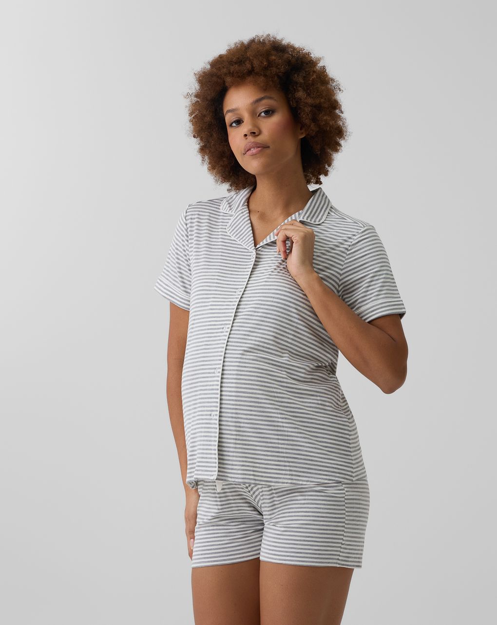 γυναικεία πιτζάμα εγκυμοσύνης θηλασμού ριγέ γκρι/λευκή - Prénatal