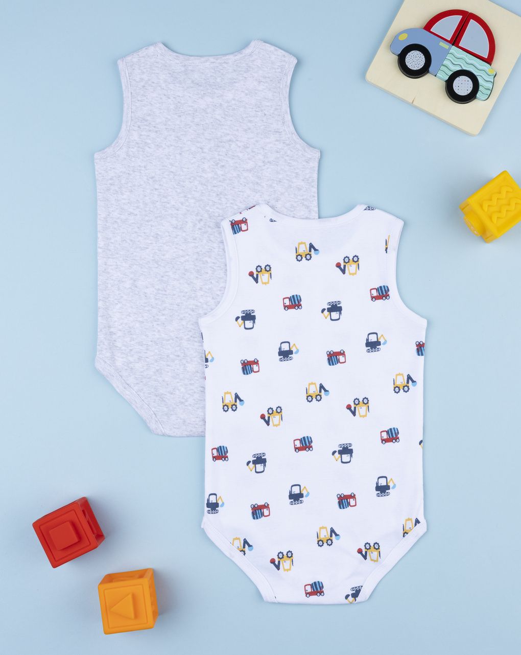βρεφικά κορμάκια πακέτο x2 λευκό/γκρι με μπουλντόζες για αγόρι - Prénatal