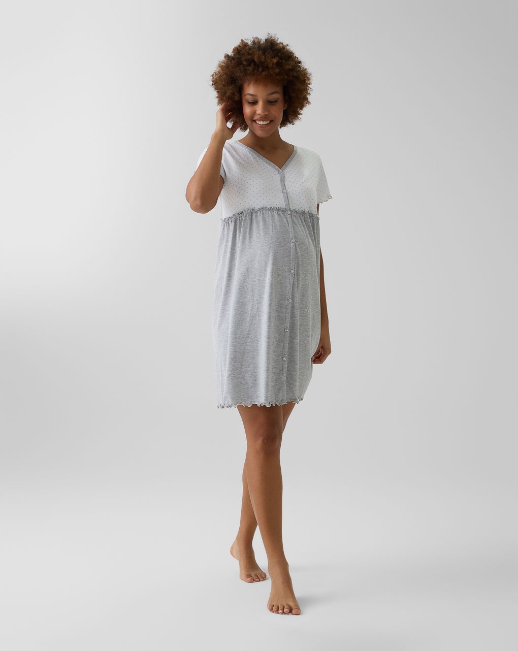 γυναικείο νυχτικό εγκυμοσύνης/θηλασμού γκρι/λευκό πουά