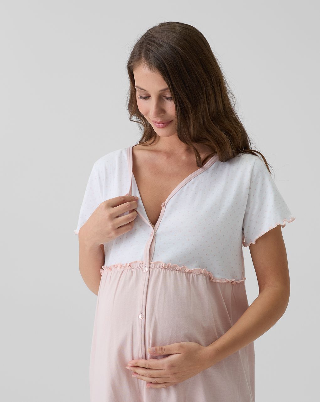 γυναικείο νυχτικό εγκυμοσύνης/θηλασμού ροζ/λευκό πουά - Prénatal
