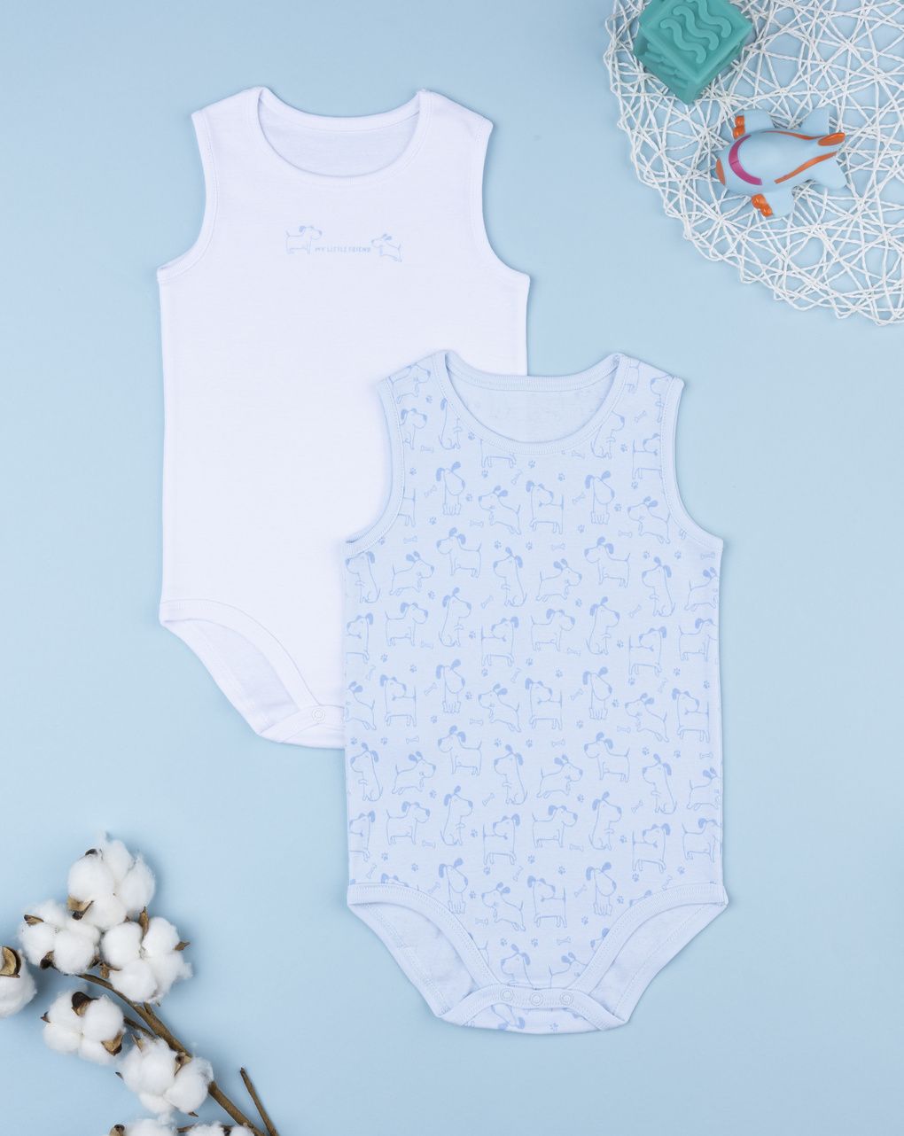 βρεφικά κορμάκια πακέτο x2 λευκό/γαλάζιο με σκυλάκια για αγόρι