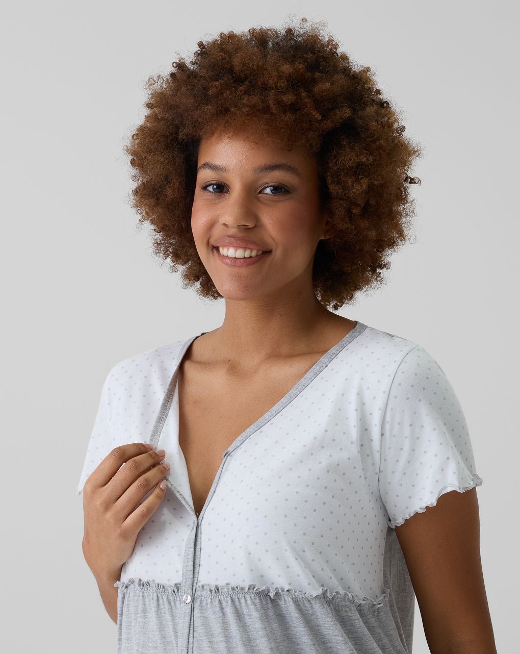 γυναικείο νυχτικό εγκυμοσύνης/θηλασμού γκρι/λευκό πουά - Prénatal