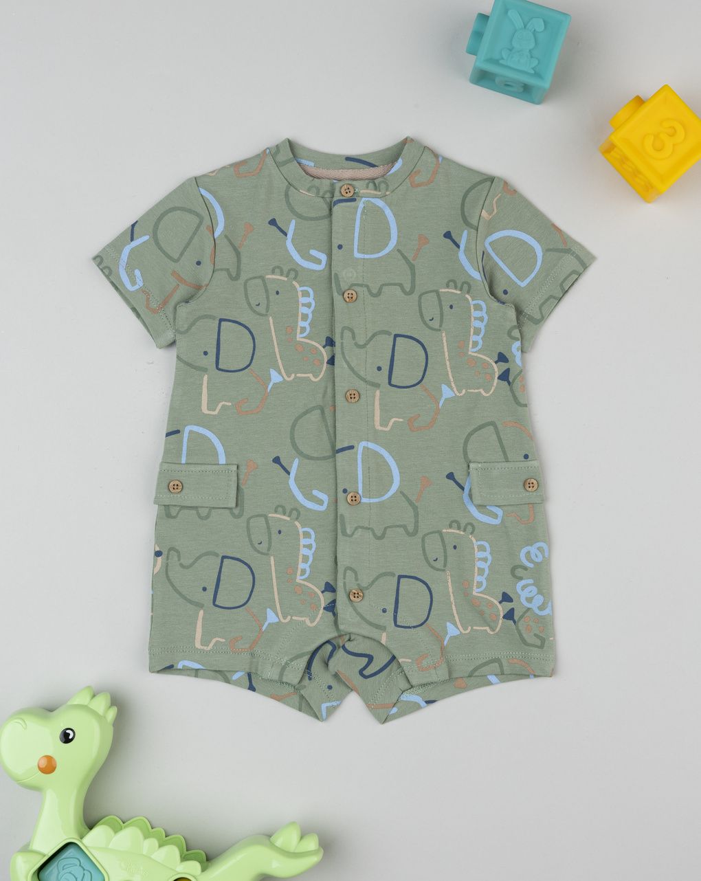βρεφικό φορμάκι χακί με ελεφαντάκια για αγόρι