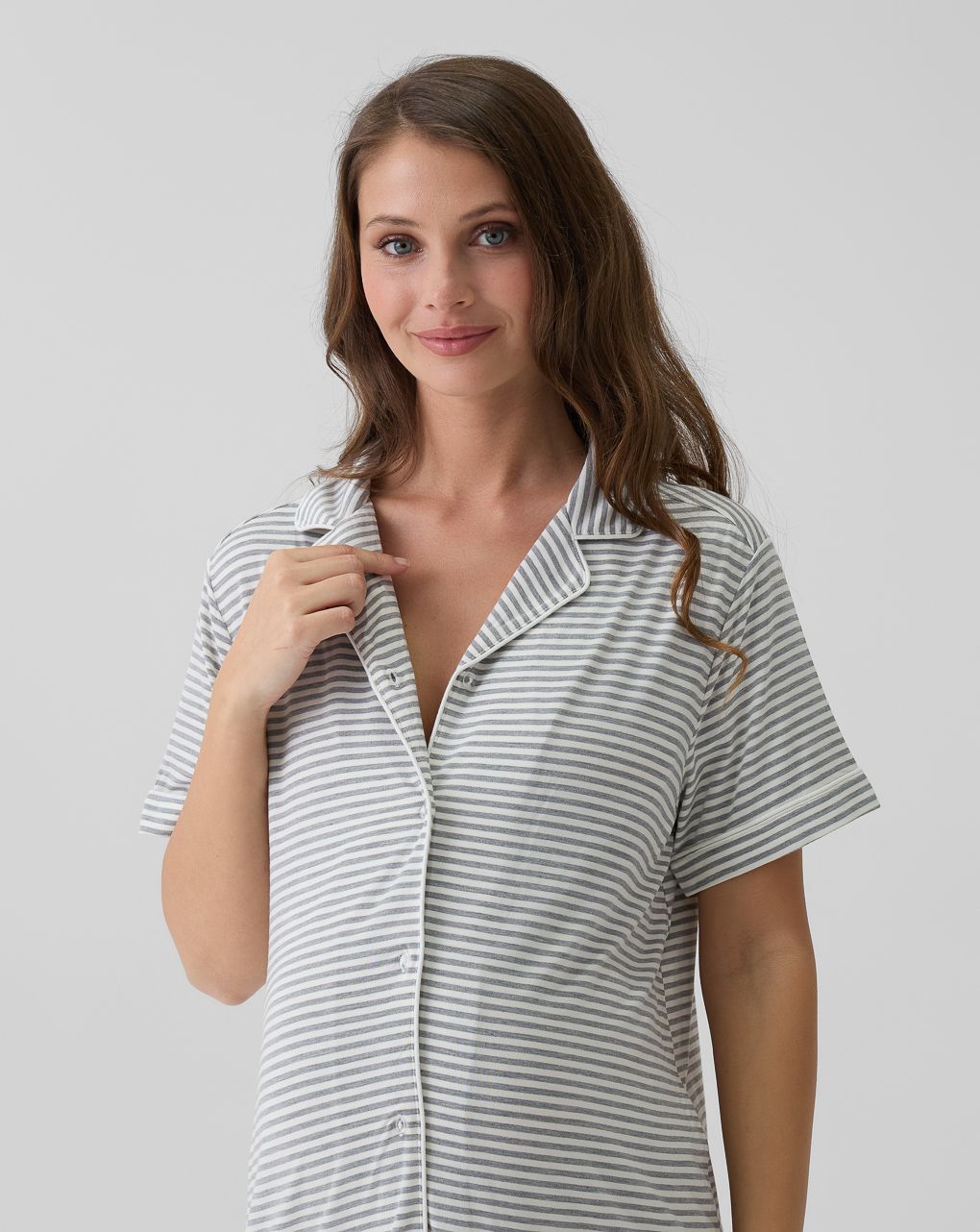 γυναικείο νυχτικό εγκυμοσύνης/θηλασμού ριγέ γκρι/λευκό - Prénatal