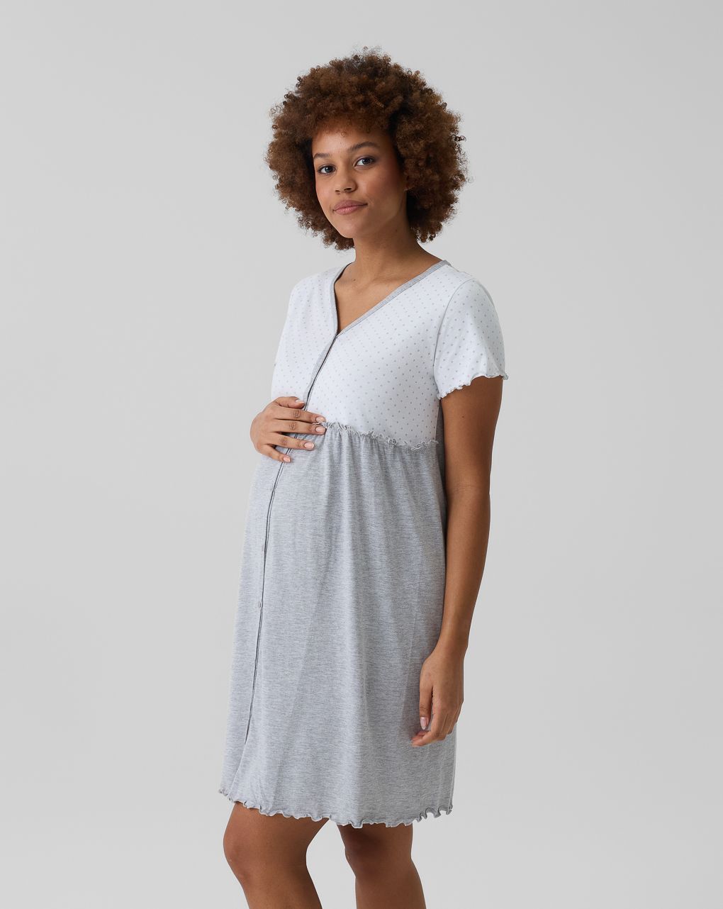γυναικείο νυχτικό εγκυμοσύνης/θηλασμού γκρι/λευκό πουά - Prénatal