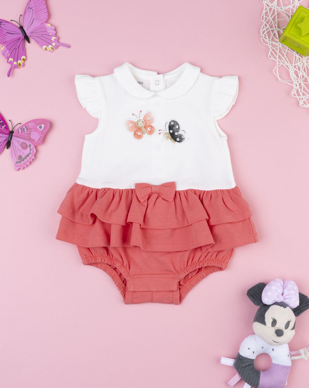 βρεφικό φορμάκι λευκό/κοραλλί με πεταλούδες για κορίτσι