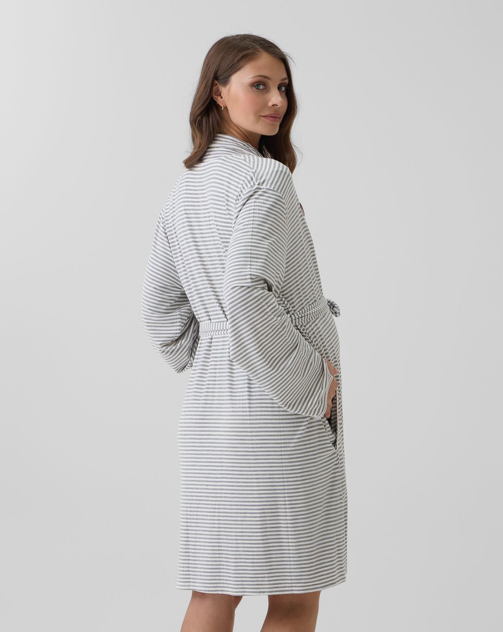 γυναικεία ρόμπα εγκυμοσύνης/θηλασμού ριγέ γκρι/λευκή - Prénatal