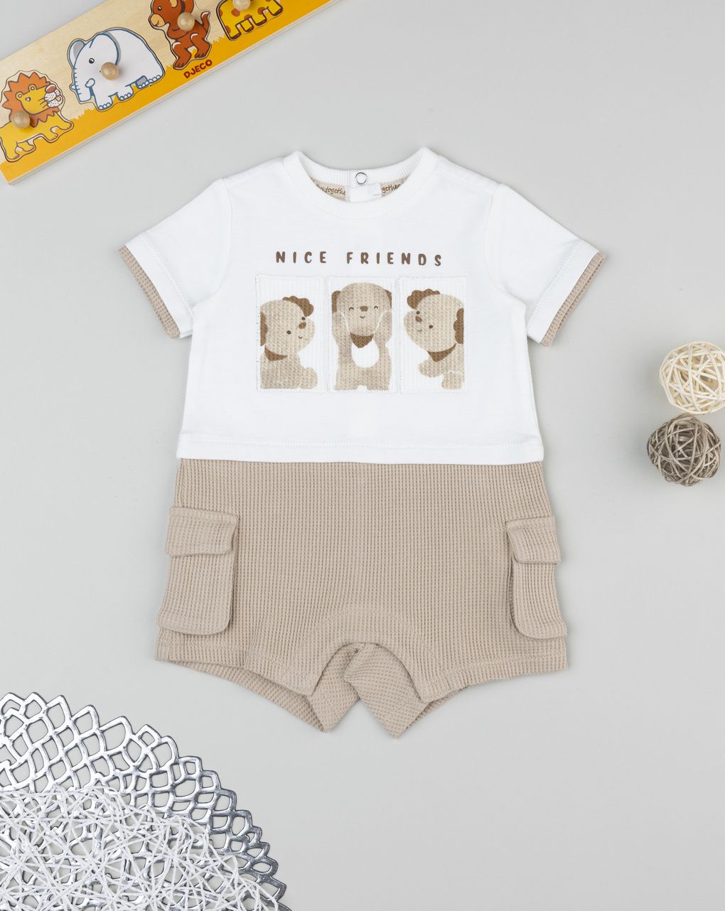 βρεφικό φορμάκι λευκό/καφέ με nice friends για αγόρι - Prénatal