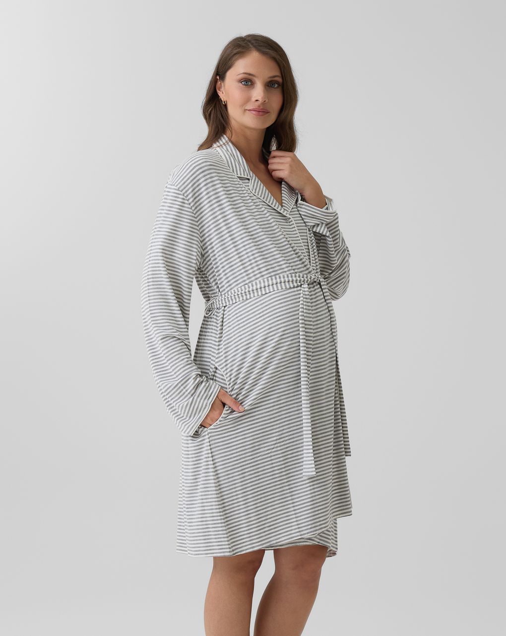 γυναικεία ρόμπα εγκυμοσύνης/θηλασμού ριγέ γκρι/λευκή - Prénatal