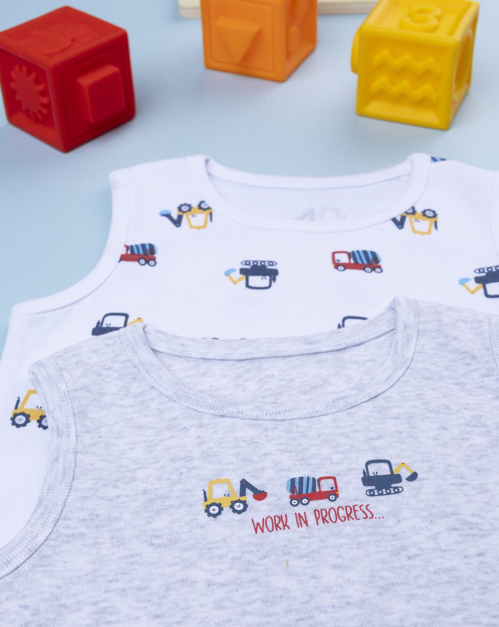 βρεφικά κορμάκια πακέτο x2 λευκό/γκρι με μπουλντόζες για αγόρι - Prénatal