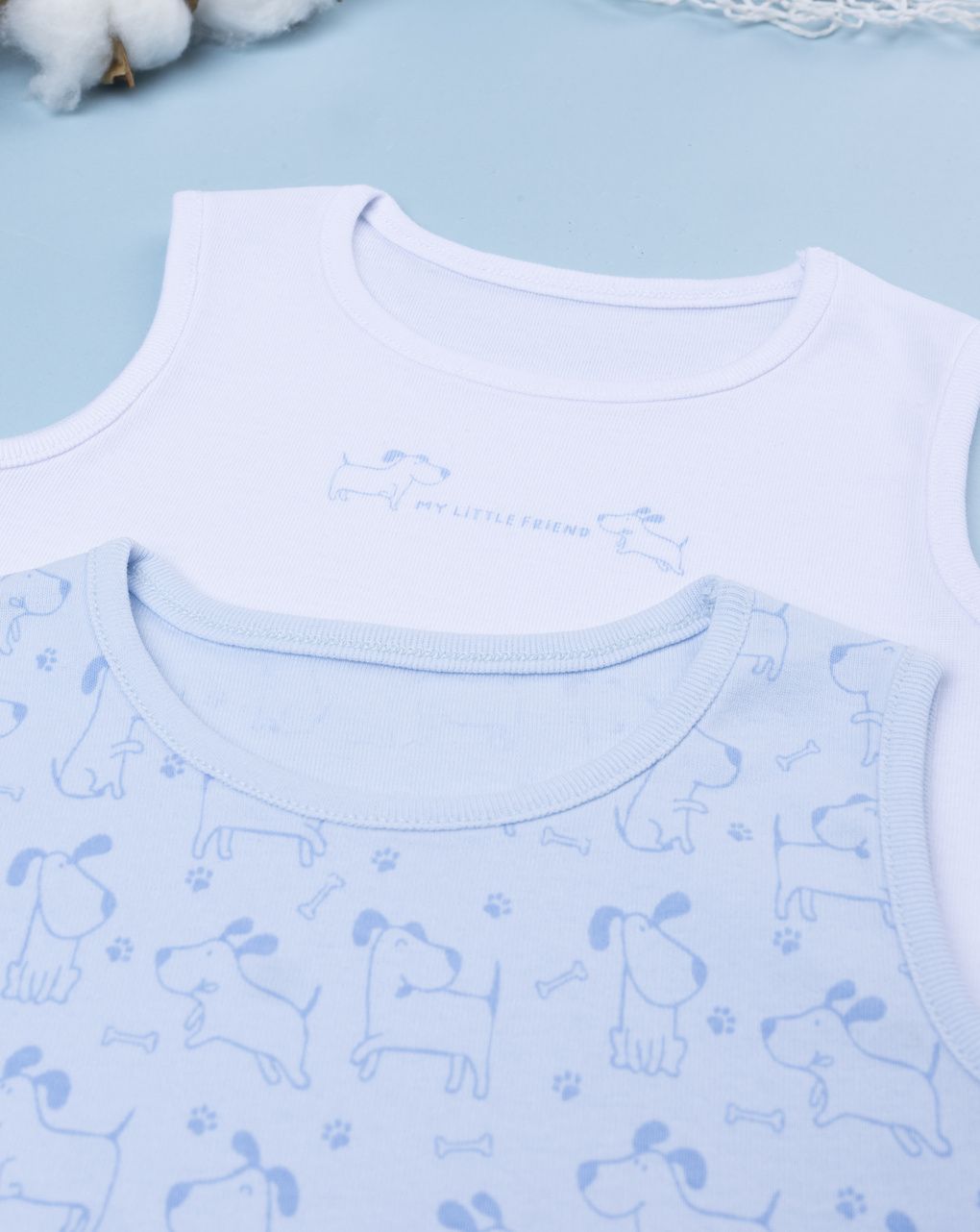 βρεφικά κορμάκια πακέτο x2 λευκό/γαλάζιο με σκυλάκια για αγόρι - Prénatal