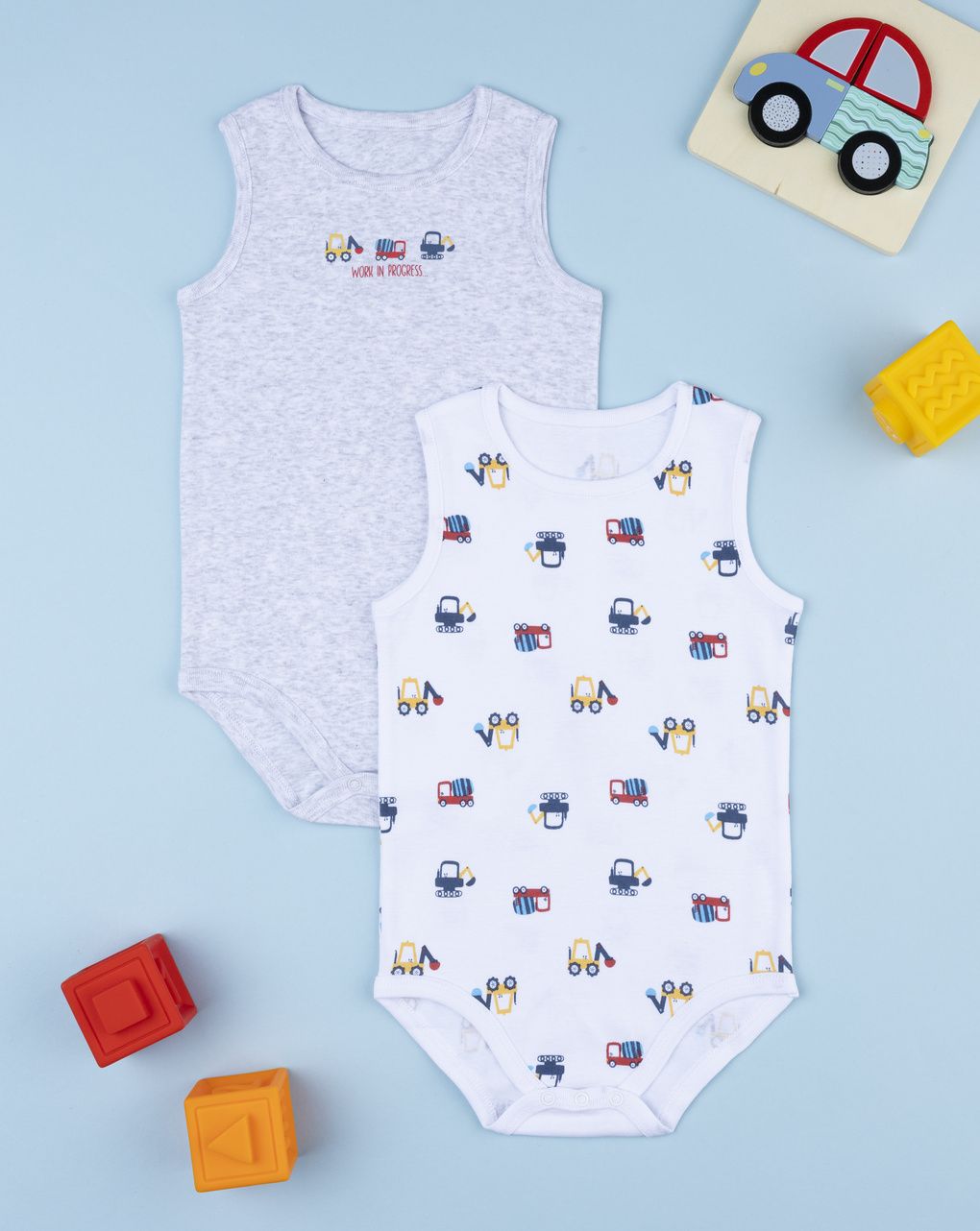βρεφικά κορμάκια πακέτο x2 λευκό/γκρι με μπουλντόζες για αγόρι