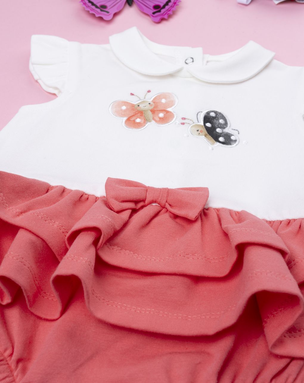 βρεφικό φορμάκι λευκό/κοραλλί με πεταλούδες για κορίτσι - Prénatal