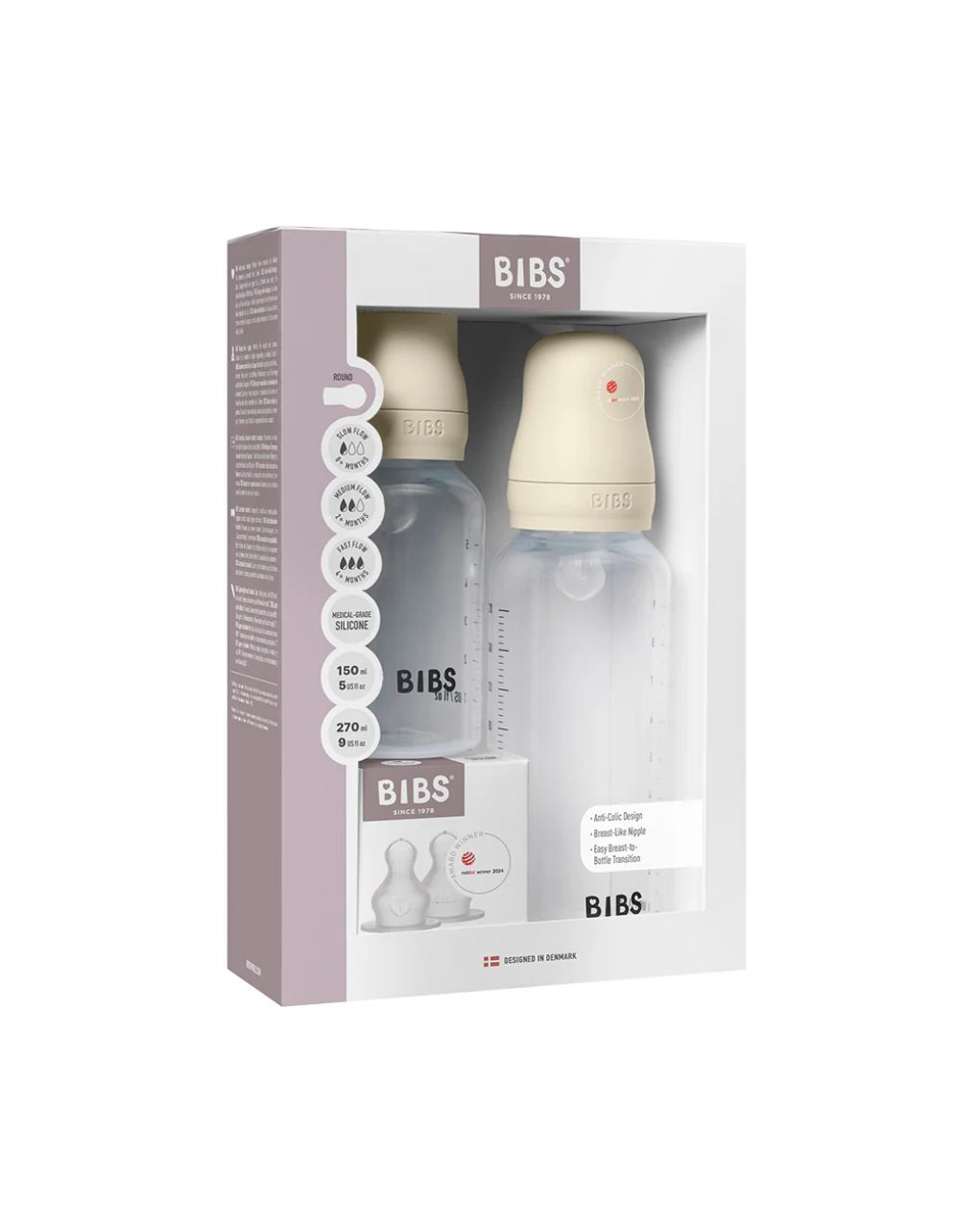 Bibs πλαστικά μπιμπερό με θηλή σιλικόνης 2τμχ 150ml + 270ml ivory 12.50181216 - BIBS