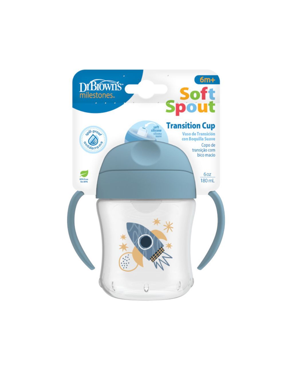 Dr. brown's εκπαιδευτικό ποτηράκι soft spout 6 μηνών + 180ml μπλε 112.70.1hc.415 - Dr Browns