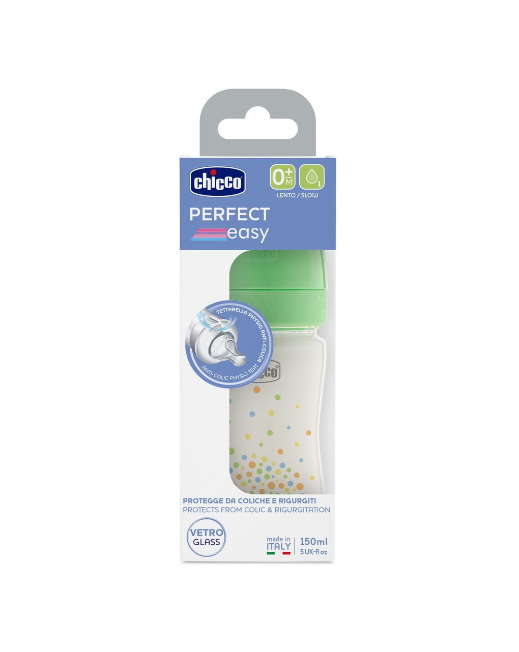 Chicco perfect easy γυάλινο μπιμπερό με θηλή σιλικόνης αργής ροής 0+ μηνών 150ml green - Chicco