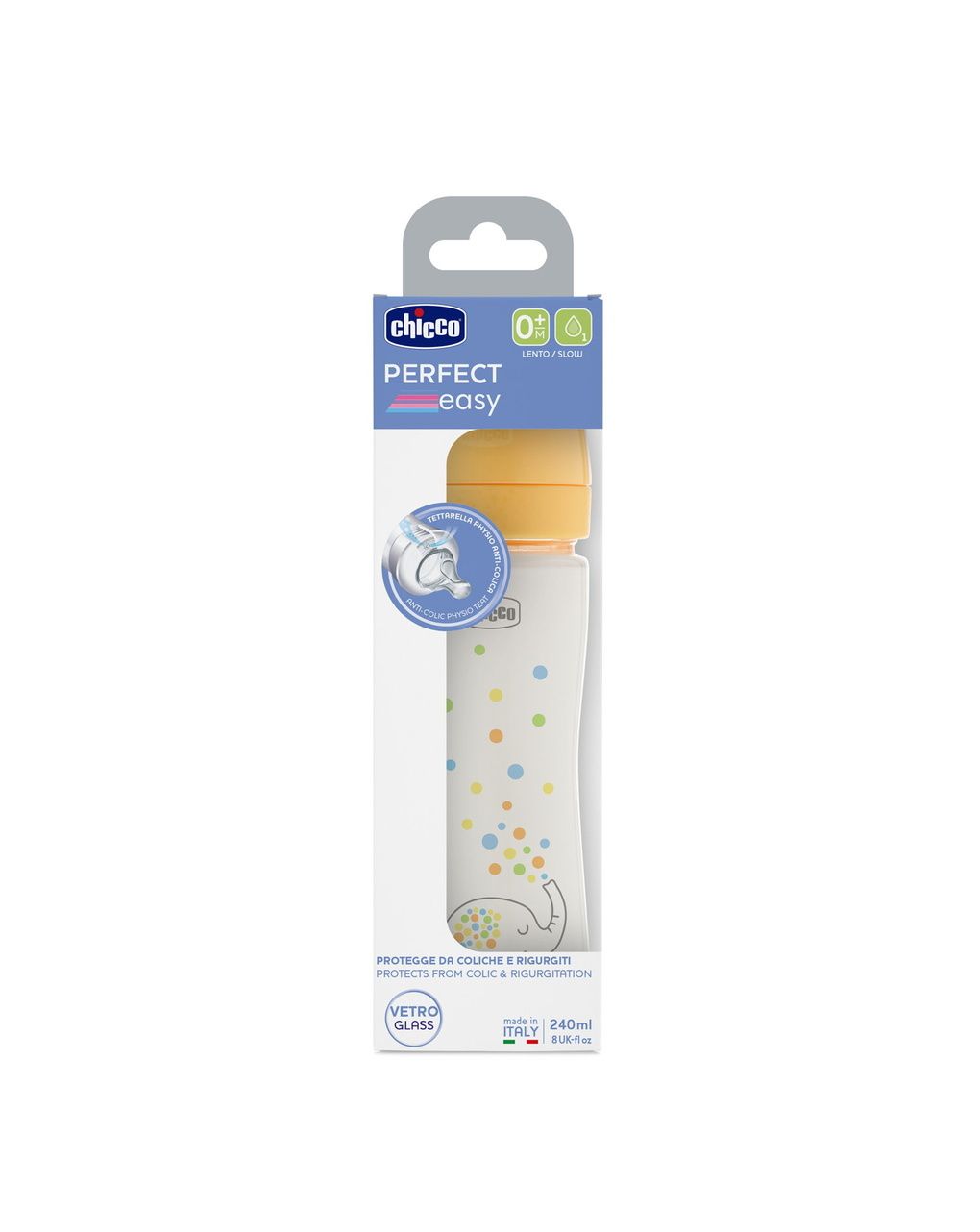 Chicco perfect easy γυάλινο μπιμπερό με θηλής σιλικόνης αργής ροής 0+ μηνών 240ml orange - Chicco
