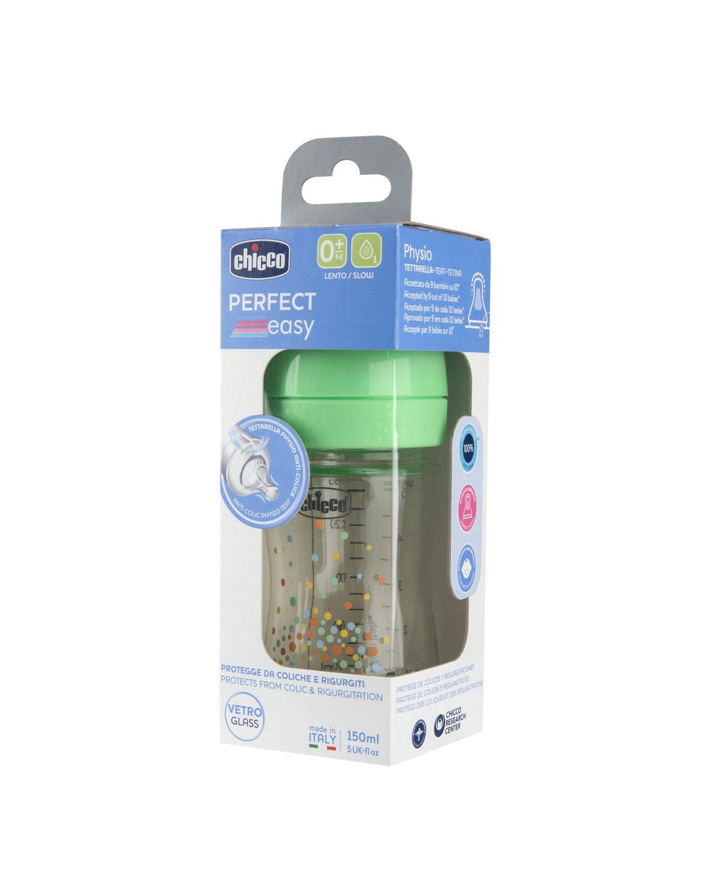 Chicco perfect easy γυάλινο μπιμπερό με θηλή σιλικόνης αργής ροής 0+ μηνών 150ml green - Chicco