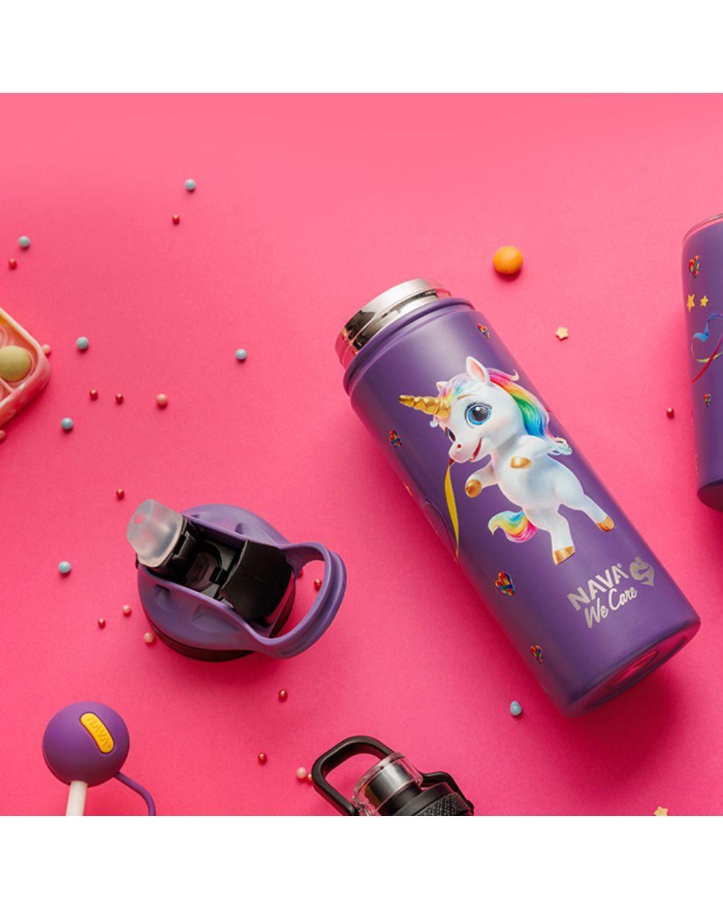 Nava παγούρι θερμός ανοξείδωτο με καλαμάκι "we care" purple unicorn 500ml 10-016-139 - Nava
