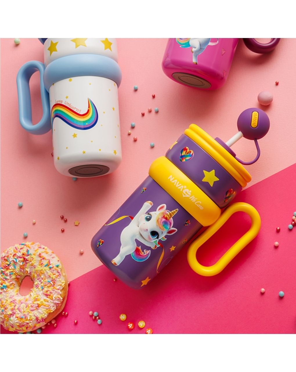 Nava θερμός tumbler ανοξείδωτο με καλαμάκι "we care" purple unicorn 540ml 10-016-141 - Nava