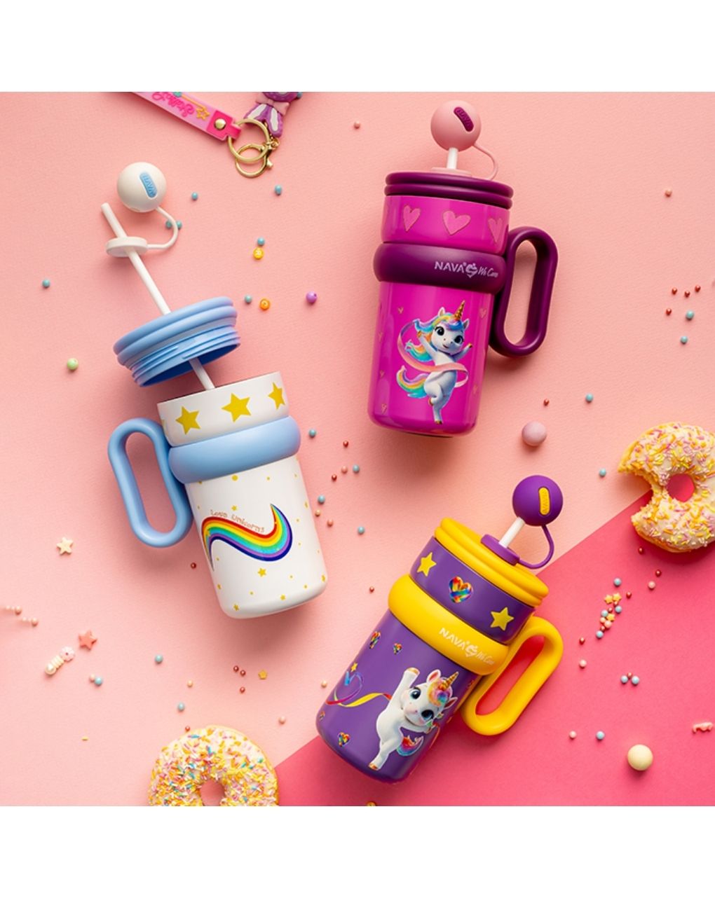 Nava θερμός tumbler ανοξείδωτο με καλαμάκι "we care" purple unicorn 540ml 10-016-141 - Nava